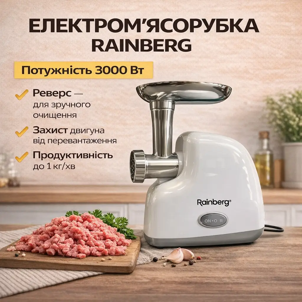 Домашня електрична м'ясорубка Rainberg RB-2319 3000 Вт з реверсом біла