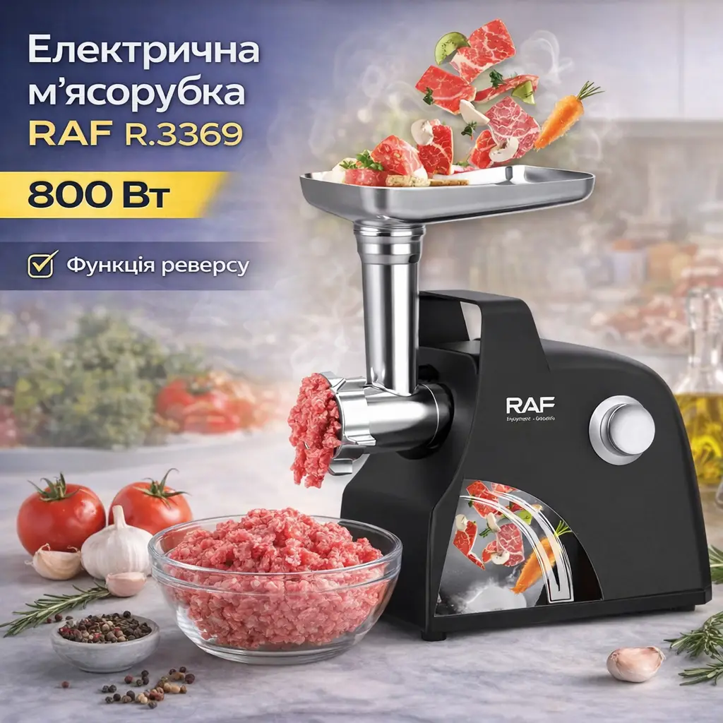 Електрична м'ясорубка з реверсом і двоступеневою конструкцією RAF R.3369 800W