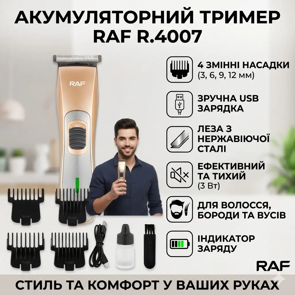 Акумуляторний тример з регулюванням довжини та насадками RAF R.4007 3W