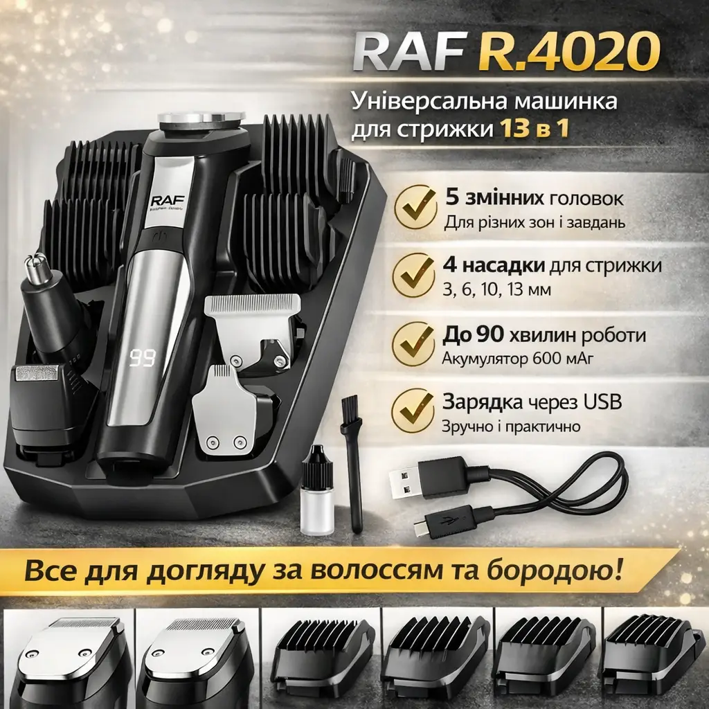 Акумуляторна машинка з 5 змінними головками та 4 насадками для стриження RAF R.4020