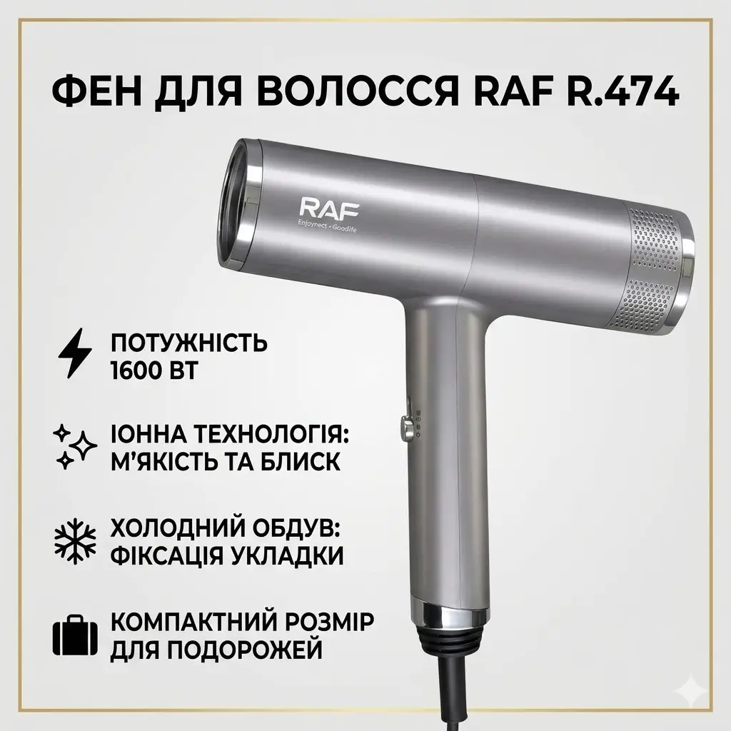 Фен для волосся з іонізацією на 2 швидкості та 3 температурні режими RAF R.474 1600 Вт