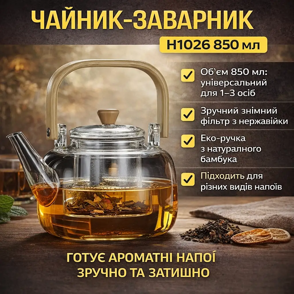 Чайник-заварник H1026 850 мл • Чайник для заварювання напоїв для дому та кухні