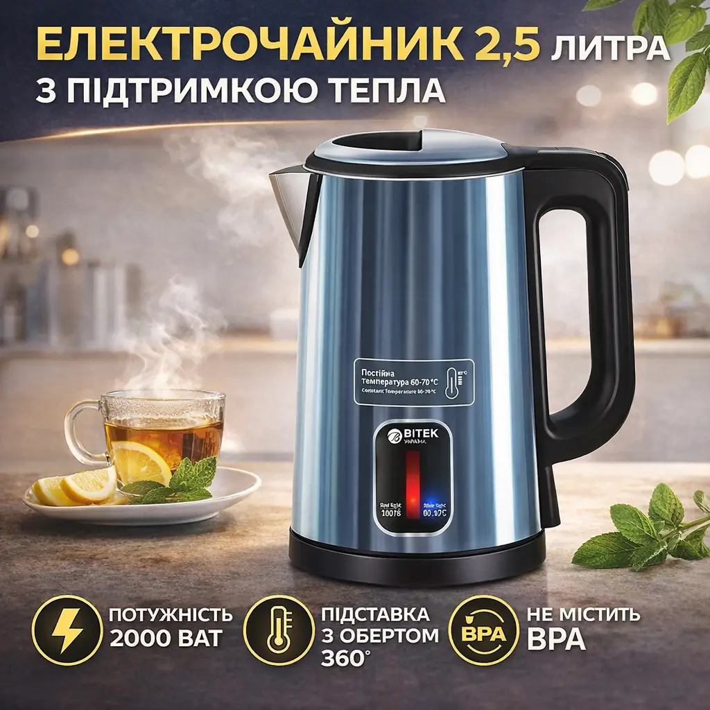 Електрочайник дисковий на 2,5 л 2000 Вт BITEK BT-7916B з підтримкою теплового режиму