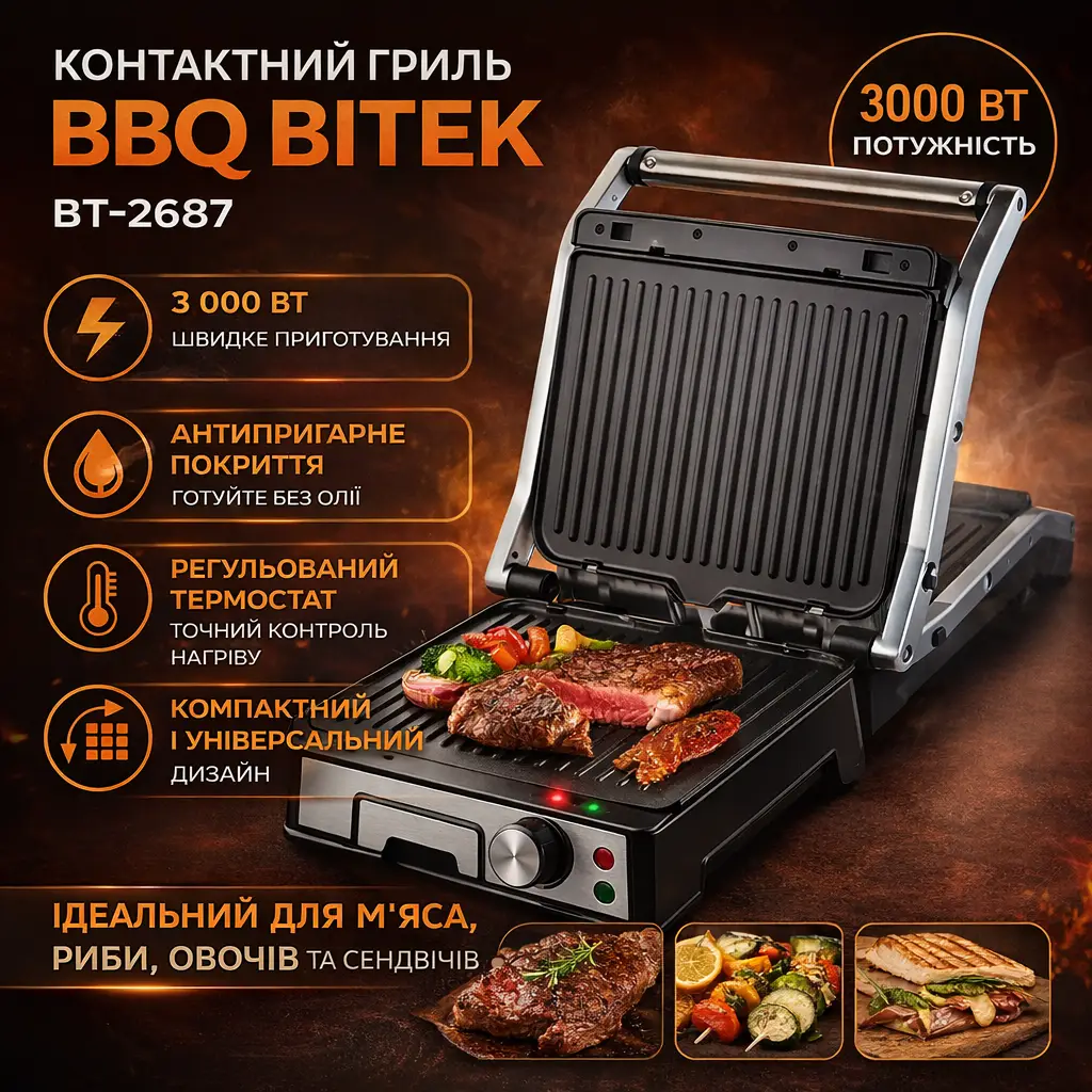 Електричний контактний гриль 3000 Вт, BBQ BITEK BT-2687 / Притискний електрогриль із регулюванням температури
