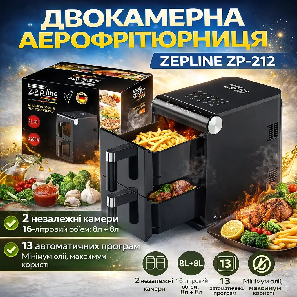 Аерофритюрниця двокамерна Zepline ZP-212 4200 Вт 8L+8L, мультифритюрниця для здорового приготування