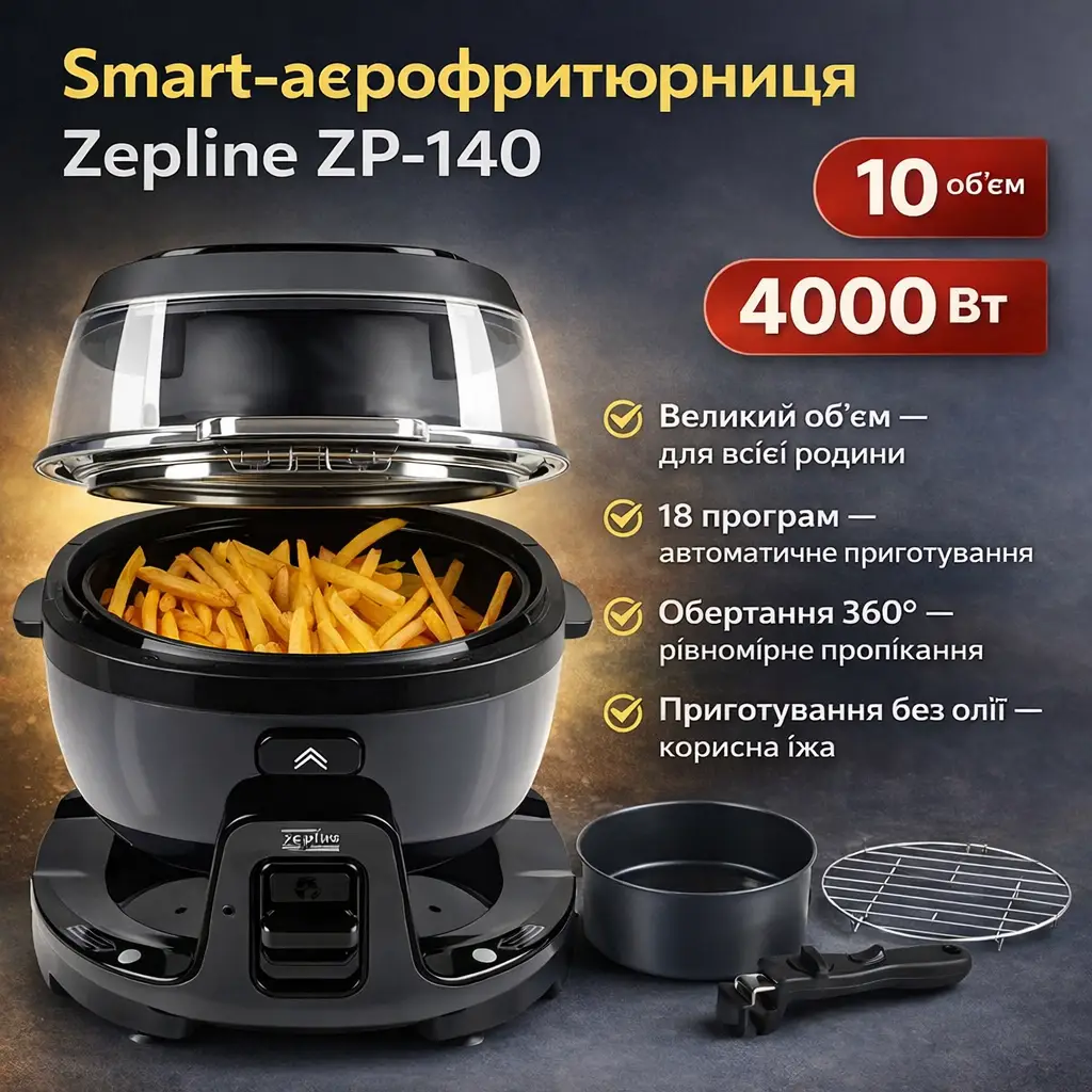 Smart-аерогриль Zepline ZP-140, аерофритюр 10 л, 4000 Вт, 18 програм, сенсорне керування, чорний Сірий