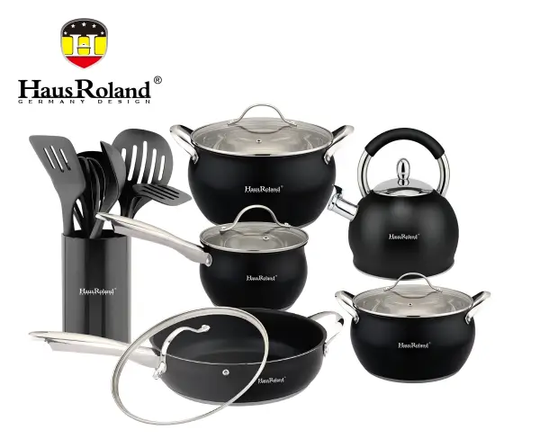 Набір посуду Haus Roland HR126-1, 18 предметів із неіржавкої сталі: каструлі 3,6/6,0 л, ківш 1,9 л, сковорода 2,9 л, чайник 3,0 (