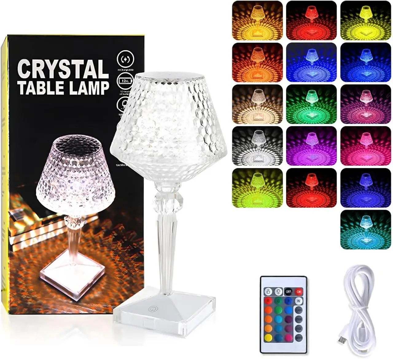 УЦІНКА! Настільна LED-лампа Crystal Table Lamp RGB із сенсорним керуванням, пультом керування, 16 кольорами підсвічування (