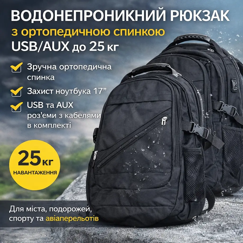 УЦІНКА! Рюкзак водонепроникний з ортопедичною спинкою USB/AUX до 25 кг (Нет бегунков 3520)