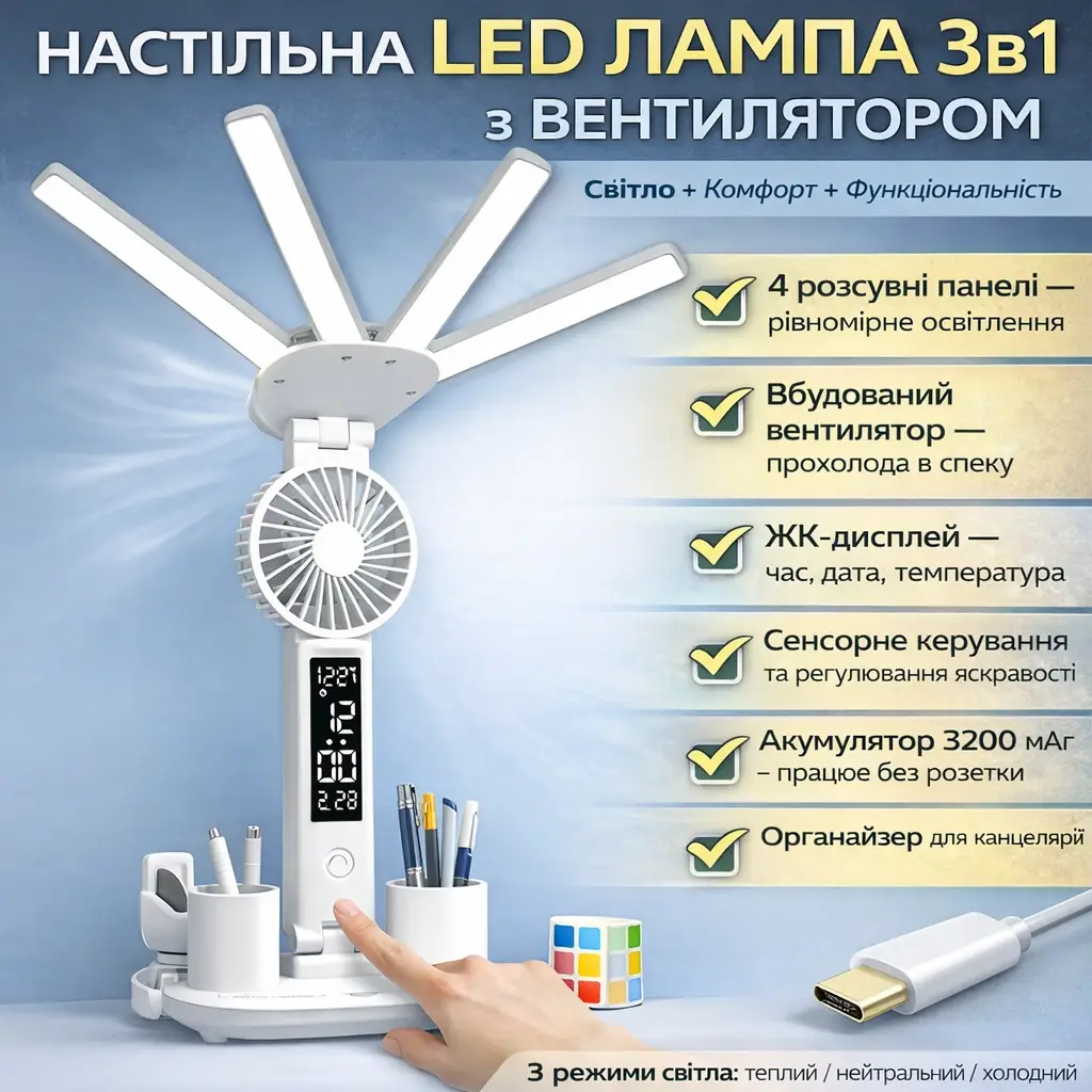 Настільна LED-лампа з вентилятором, РК-дисплеєм і 4 світловими панелями KRX-1011