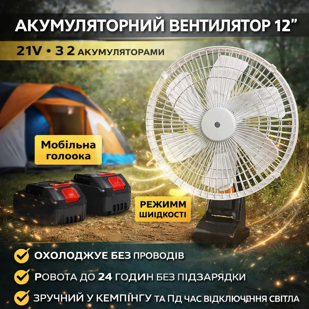 Вентилятор портативний VAP-12 з функцією авто обертання/Акумуляторний вентилятор 12", 21V 2 АКБ