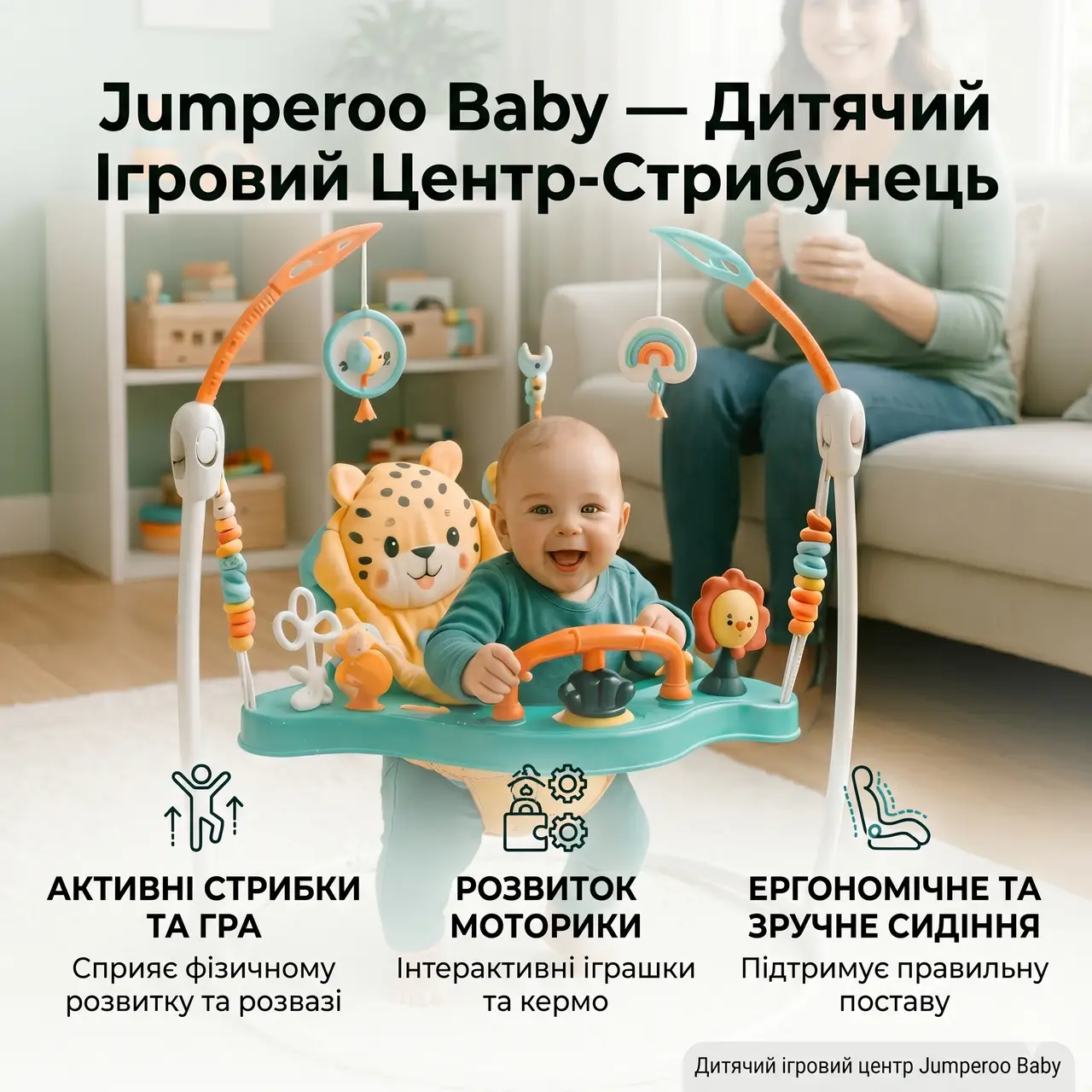 Дитячий ігровий центр-стрибунець Jumperoo: інтерактивний музичний центр 360° з регулюванням висоти та світловими ефектами Зелений