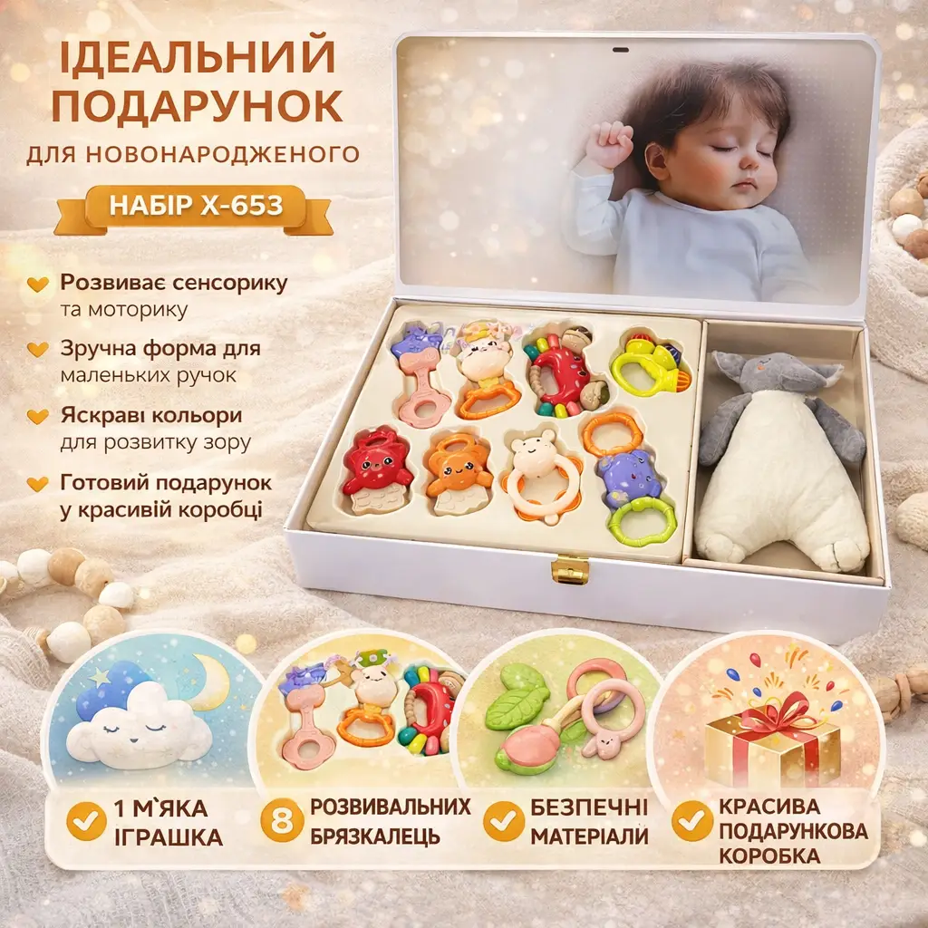 Дитячий набір брязкалець + м'яка іграшка X-653 / Подарунковий набір дитячих брязкалець 8 шт.
