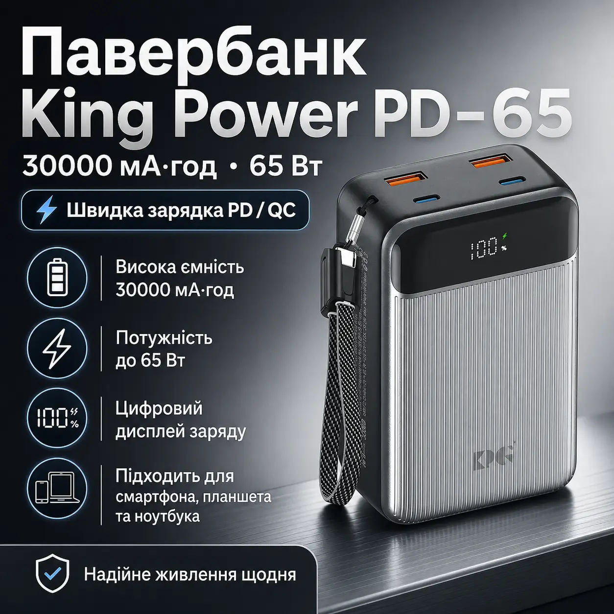 Павербанк King Power PD-65 30000 мА·год 65W зі швидкою зарядкою для смартфона, планшета та ноутбука