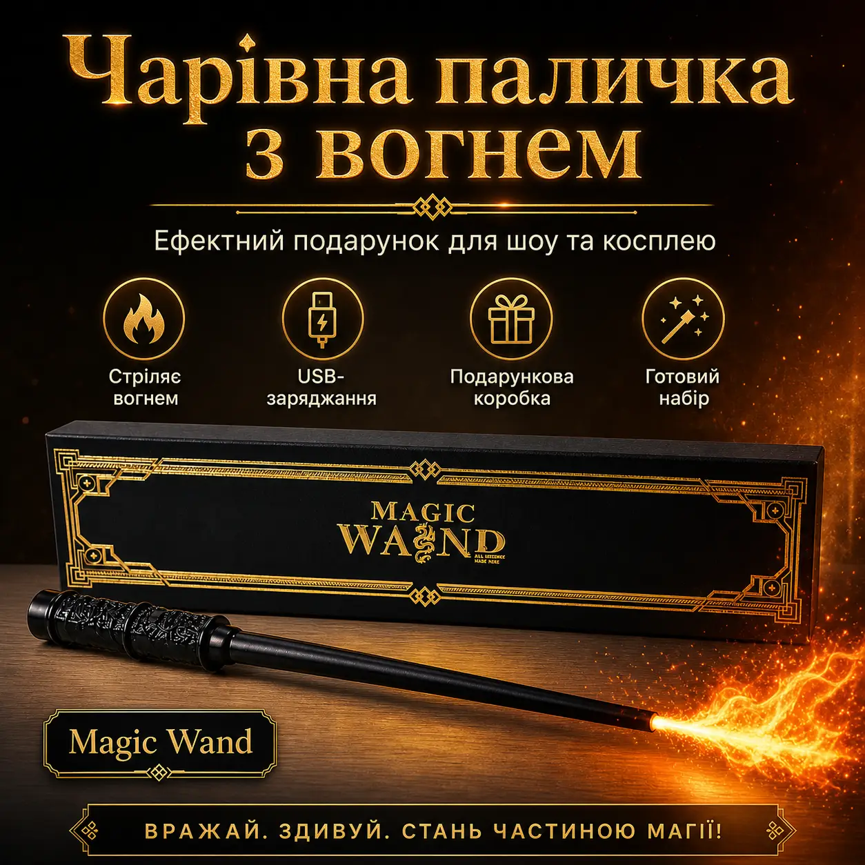 Магічна паличка  Черная Magic Wand — Подарунковий набір з USB-зарядкою й ефектним дизайном, що стріляє вогнем
