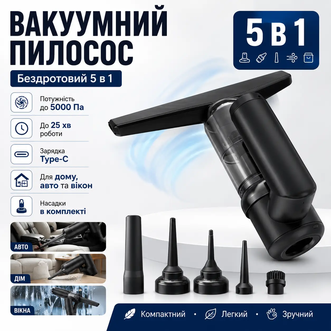 Вакуумний бездротовий пилосос 5в1 / Очисник вікон, пилосос, насос, вакууматор та пиловидійник 2000mAh