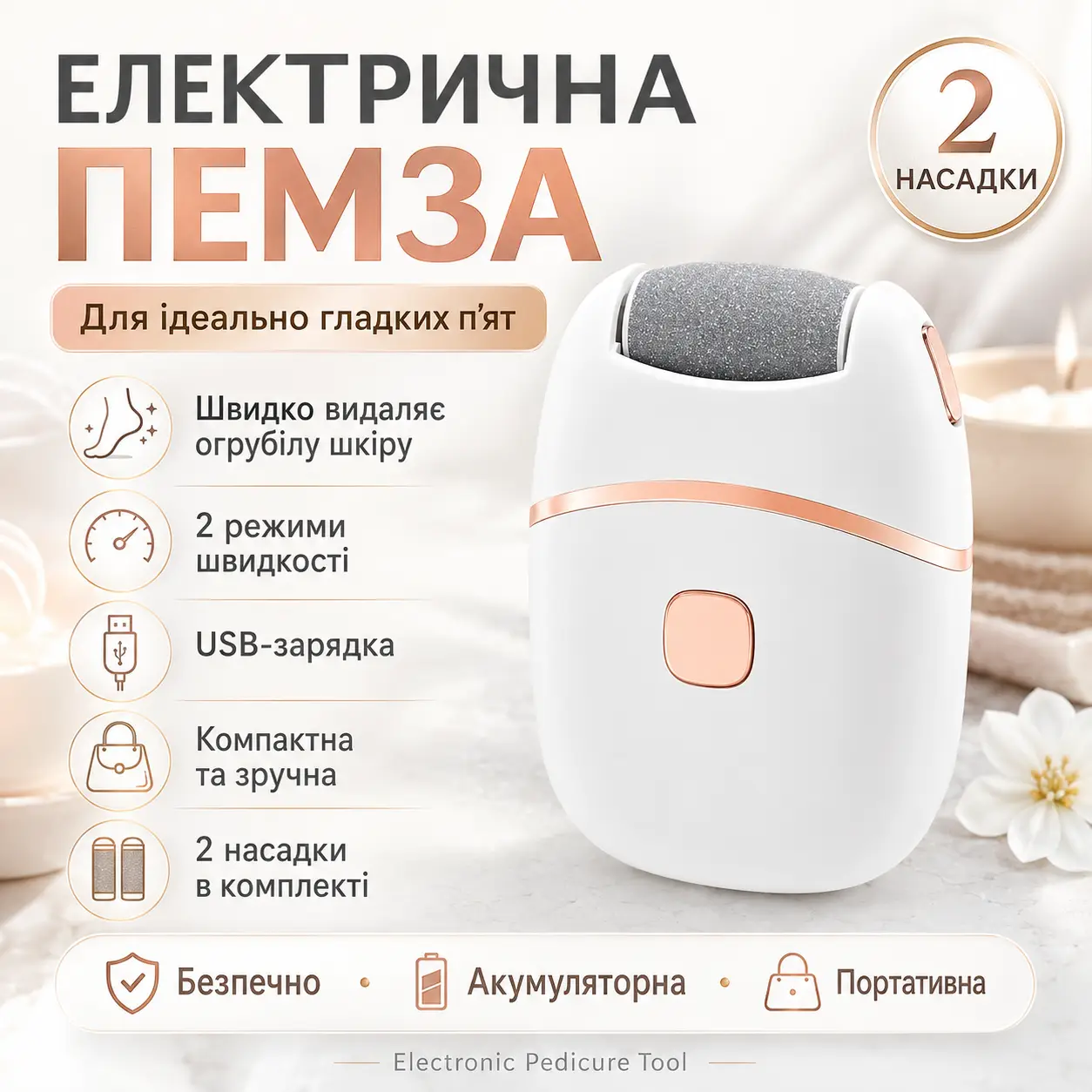 Електропемза USB з 2 шліфувальними насадками, Білий / Акумуляторна шліфувальна машинка для педикюру / Прилад для педикюру