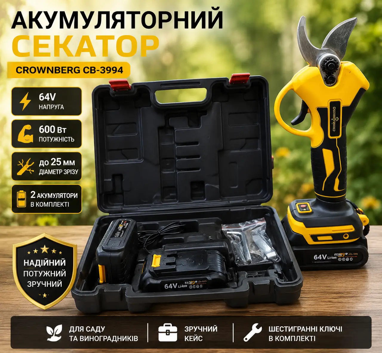 Акумуляторний секатор садові ножиці Crownberg CB 3994 для саду, триммер для гілок у кейсі 600 Вт 64V