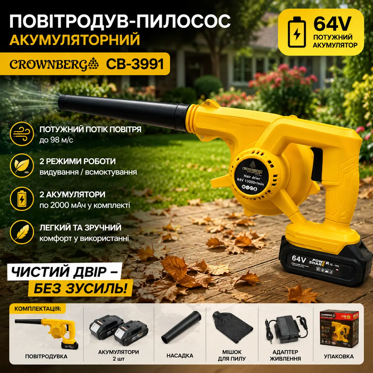 Повітродувка-пилосос акумуляторна Crownberg CB-3991 жовта