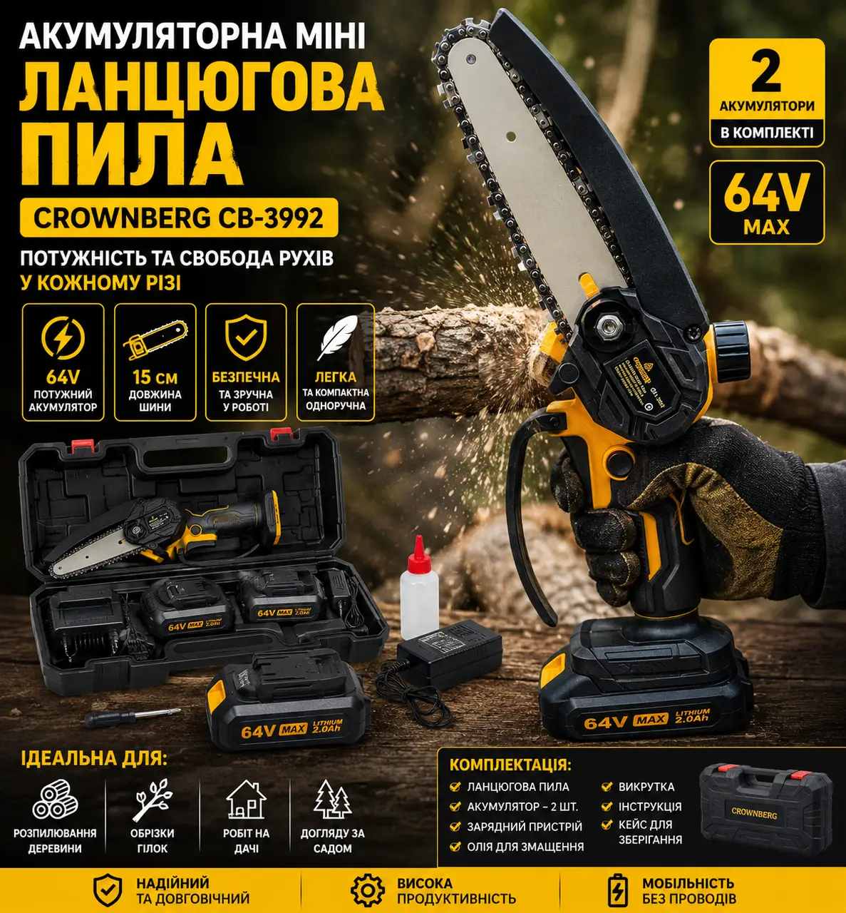 Ланцюгова пила акумуляторна міні Crownberg CB-3992 2 акумулятора шина 15 см з кейсом 64 В
