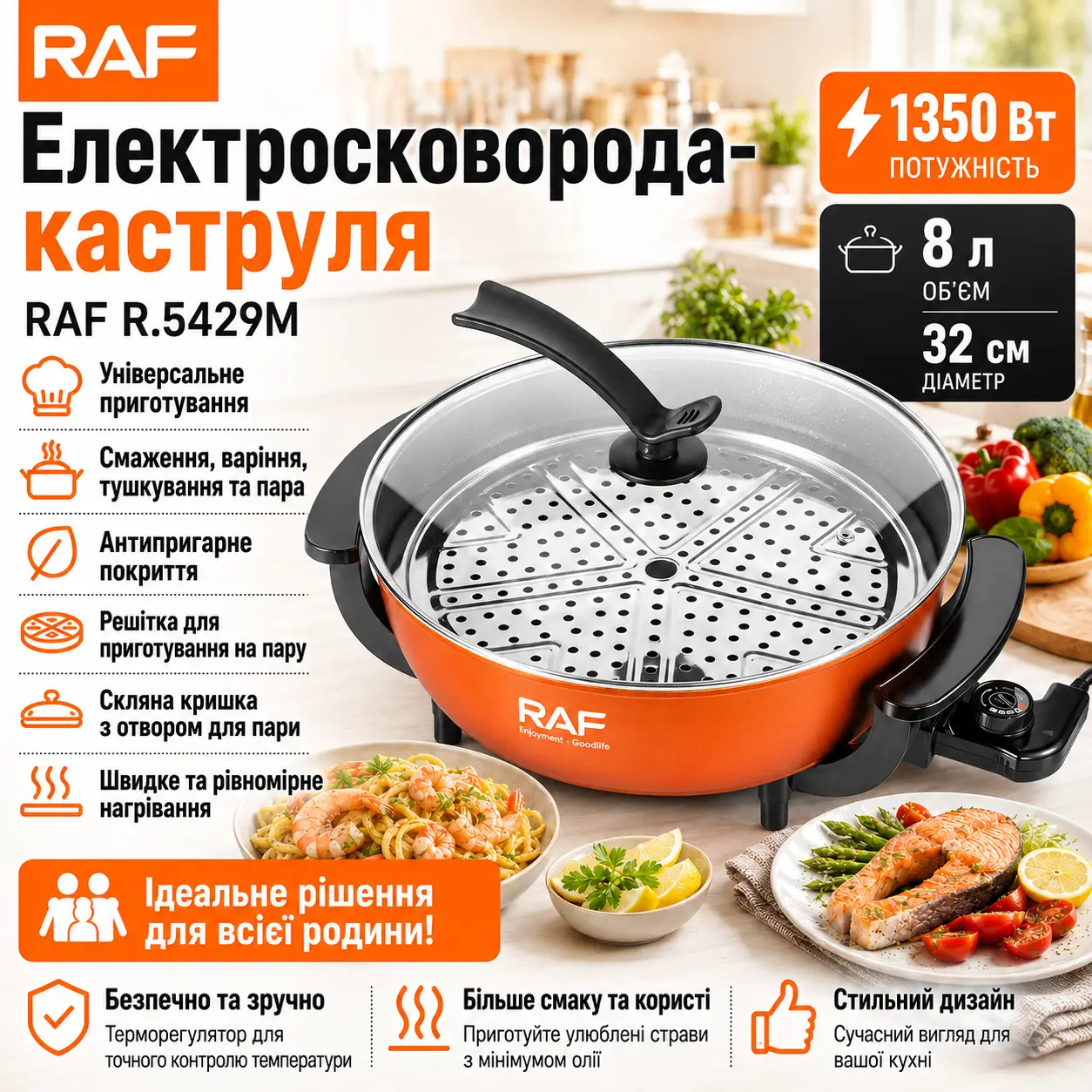 Електросковорода з кришкою та решіткою для приготування на пару RAF 5429M 1350​​​​​​​W