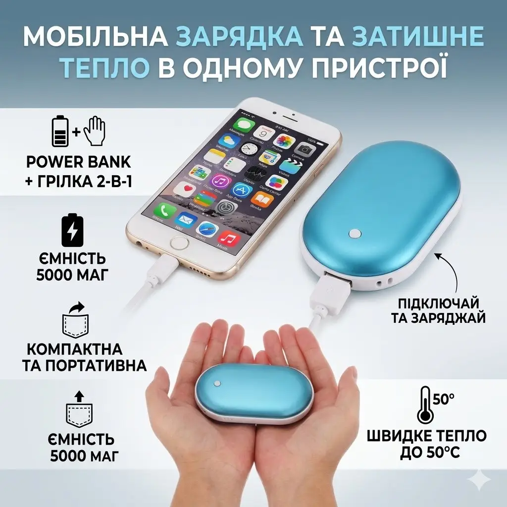 Грілка для рук і повербанк 2 в 1 Pebble hand warmer Грілка-повербанк 5000 mAh Power Bank з підігрівом