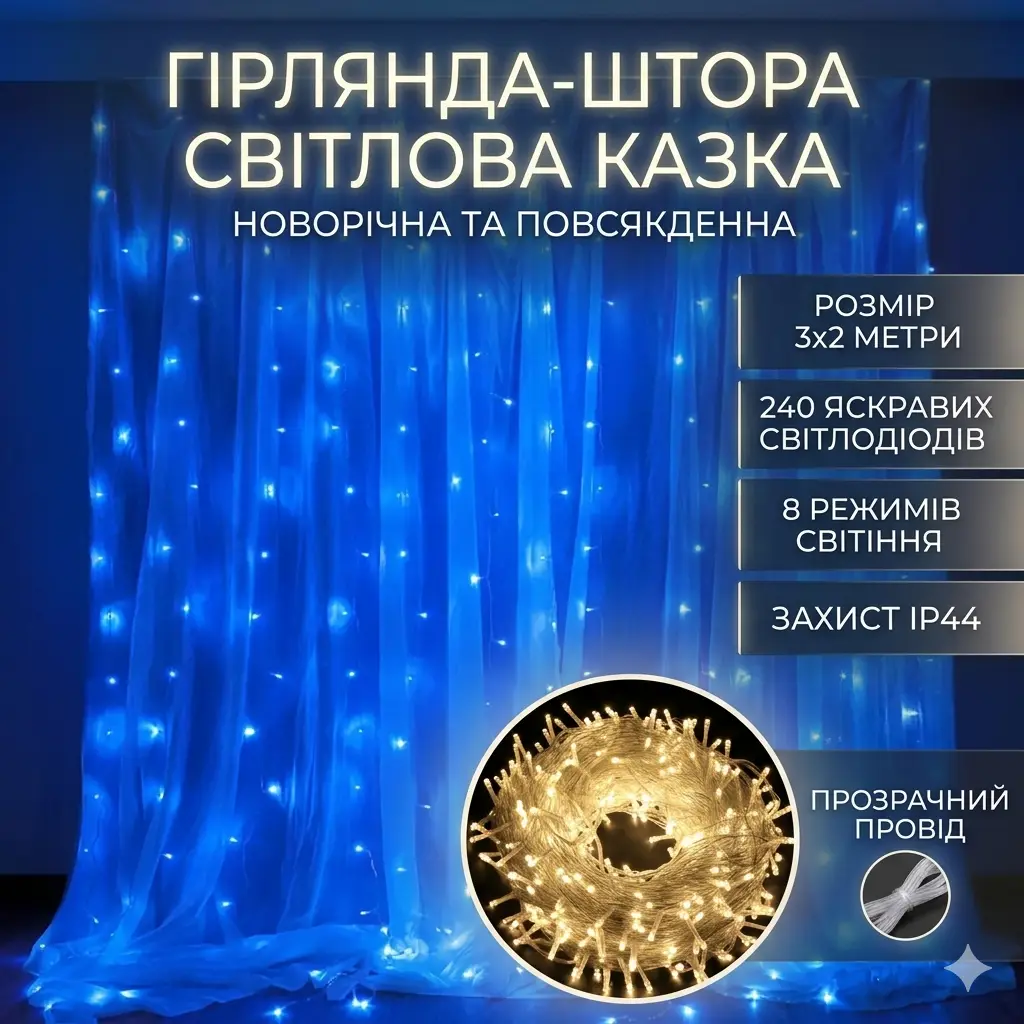 Гірлянда-штора на 3х2 м новорічні прикраси для декору дому Гірлянда на прозорому дроті від мережі Синій