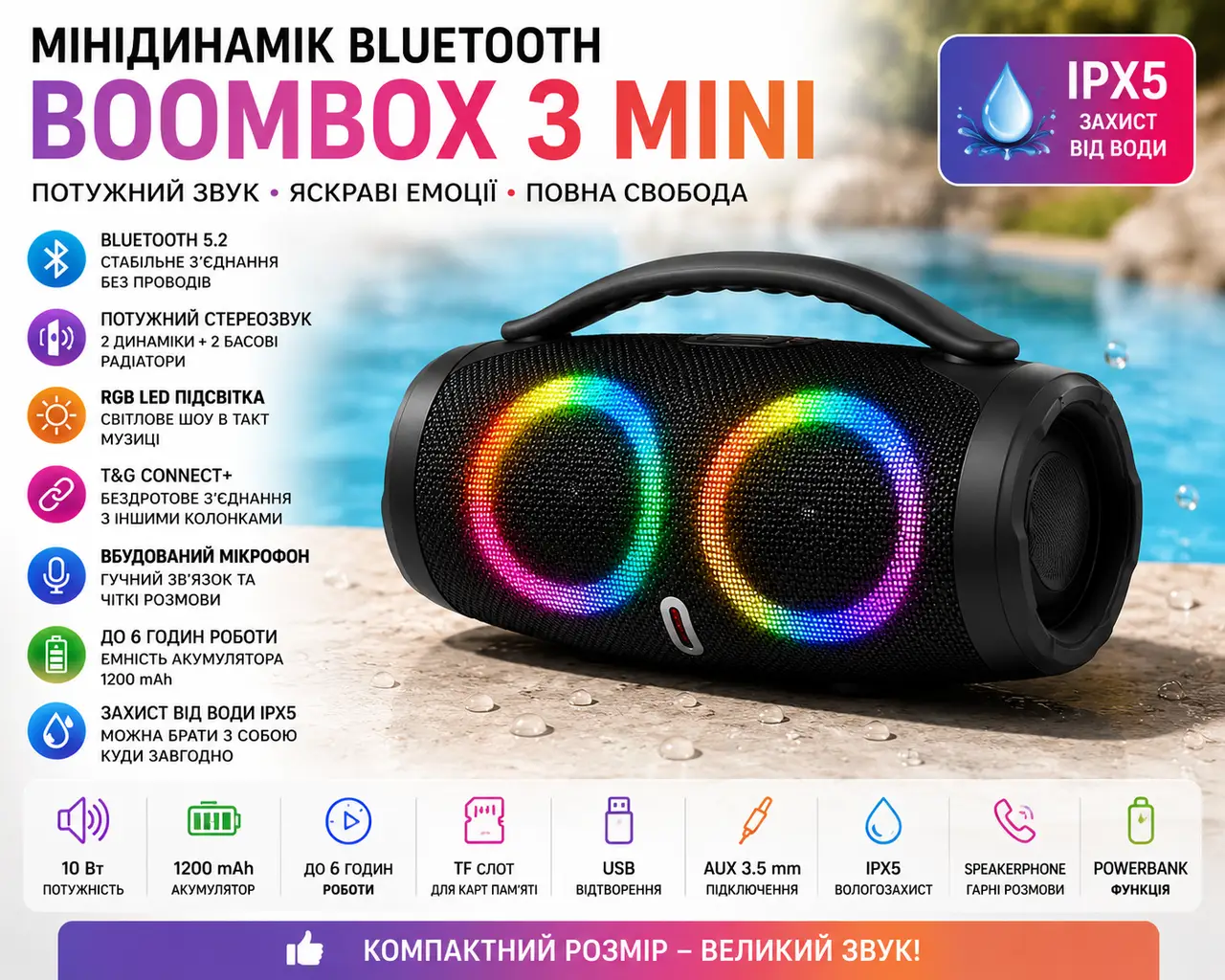 Мінідинамік Bluetooth Boombox 3 Mini RGB B11