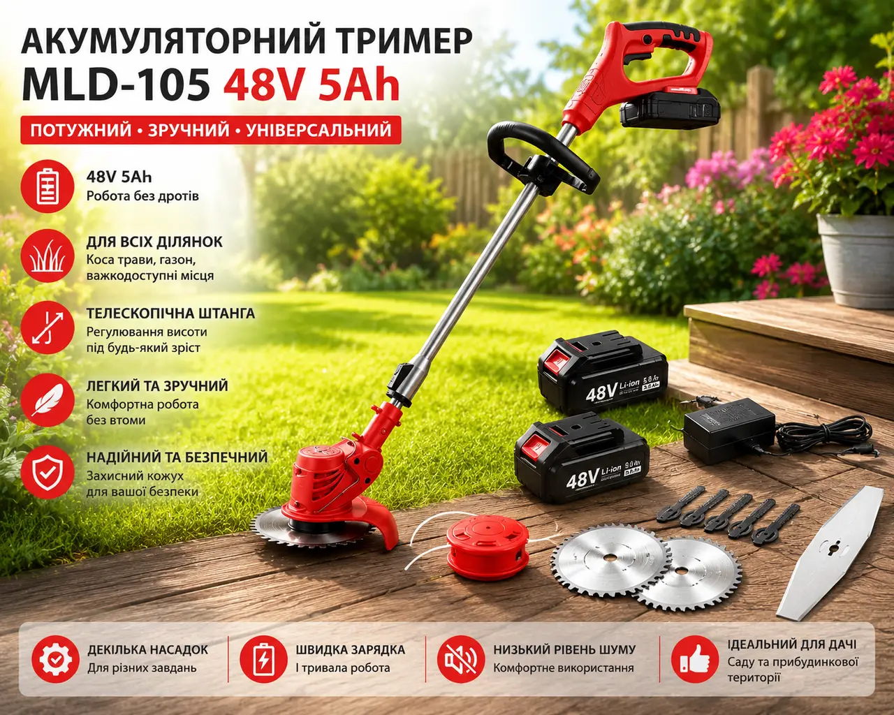 Газонокосарка/тример для коса трави MLD-105/Акумуляторний тример 48 V 5 Ah/Акумуляторний інструмент 2 АКБ