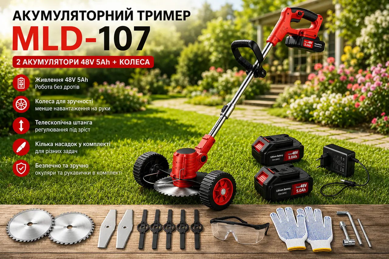 Газонокосарка/тример для косіння трави MLD-107/Акумуляторнийтример 48 В, 5000 мАг/Тример для трави 2 АКБ + колеса