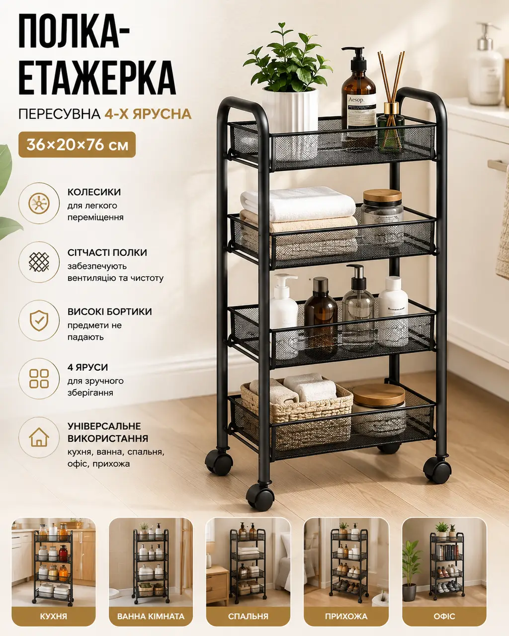 Полиця-етажерка 64204 / Етажерка пересувна 4-ярусна/Візок-стелаж на колесах