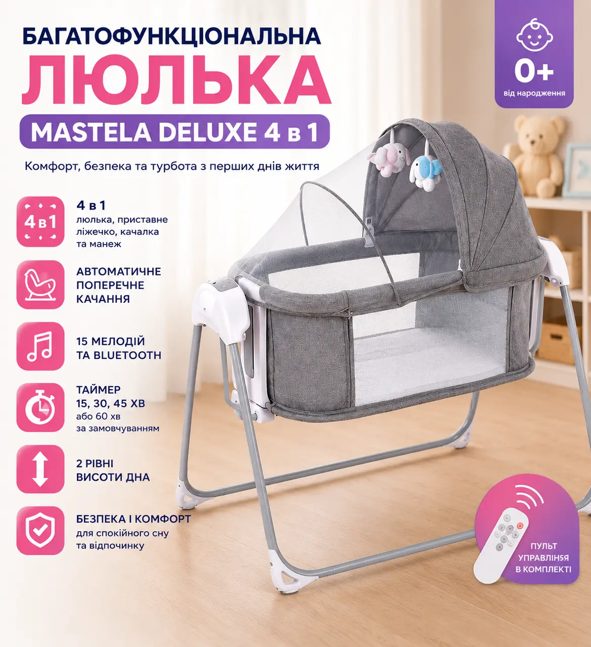 Багатофункціональна люлька Mastela Deluxe 4 в 1/ Комфортне безпечне дитяче ліжечко/для малюка з функцією гойдання
