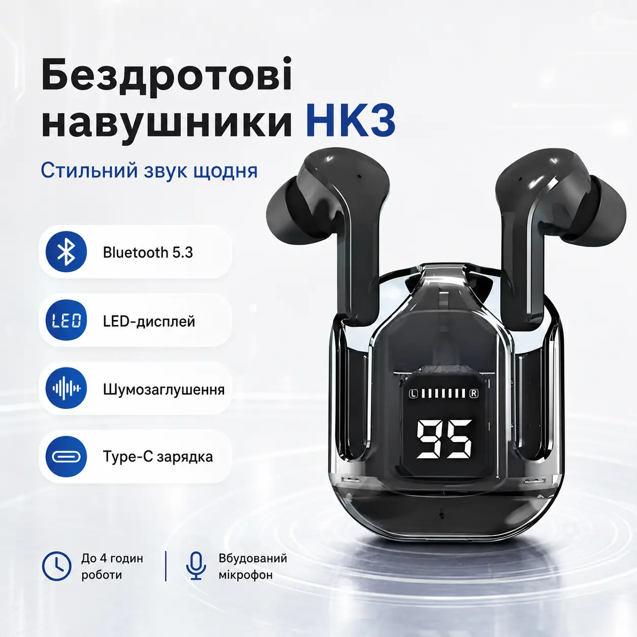 Бездротові Bluetooth-навушники HK3 TWS вакуумні з LED-дисплеєм, шумозаглушенням, мікрофоном, ігровим режимом і зарядним