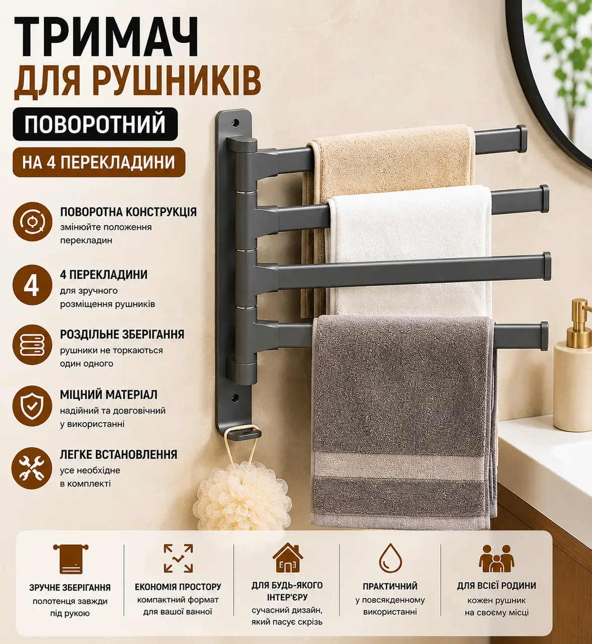 Поворотний тримач для рушників на 4 перекладини, що обертається вішака для рушників у ванну на 4 планки
