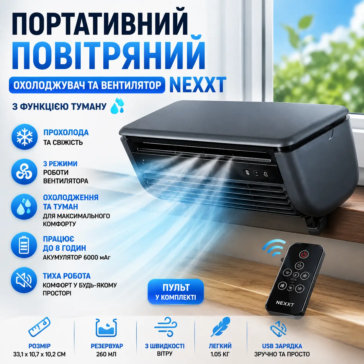 Портативний кондиціонер і вентилятор із функцією розпилення пари