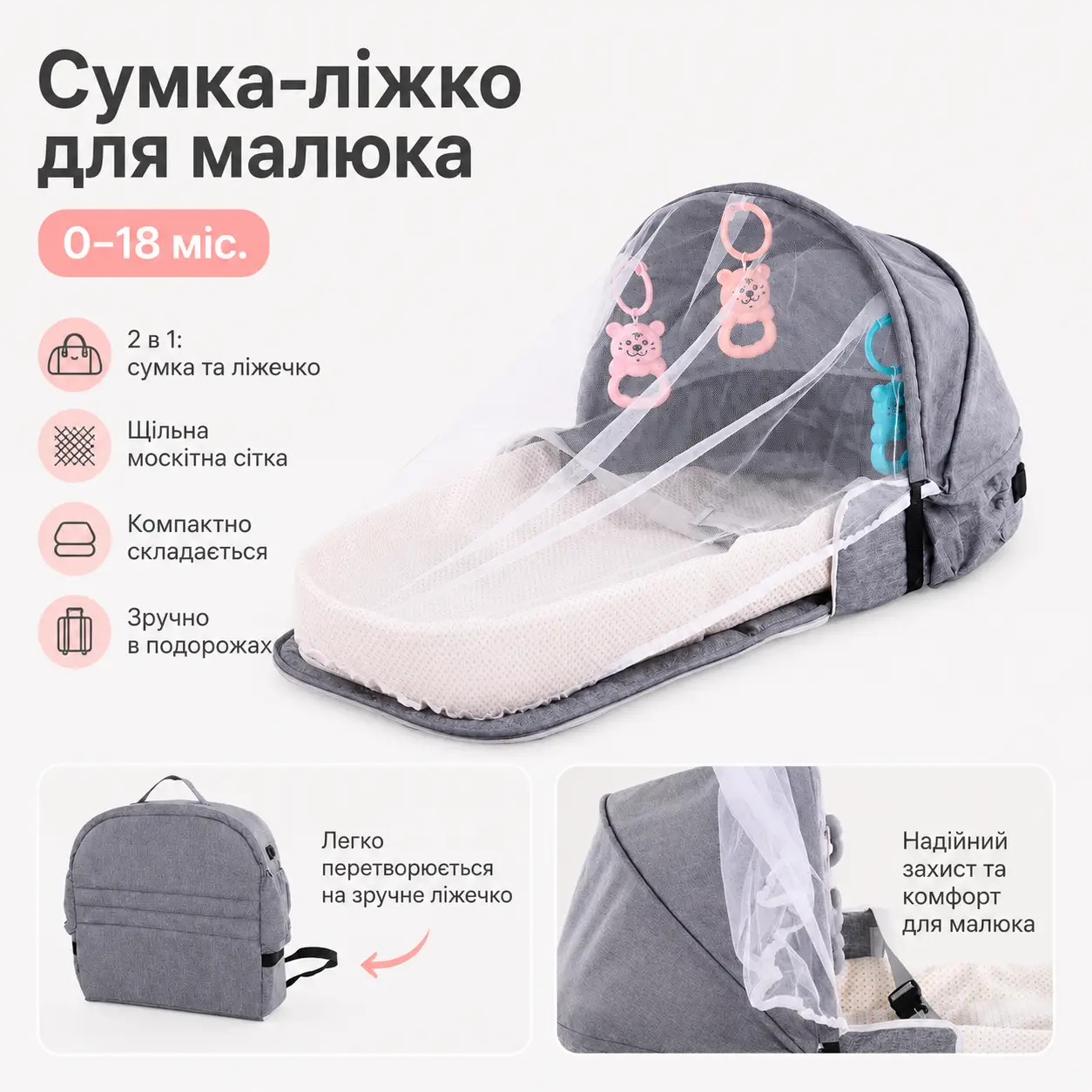 Сумка-люлька для новонароджених 3 в 1 Rudik з матрациком, москітною сіткою й іграшками, сіра