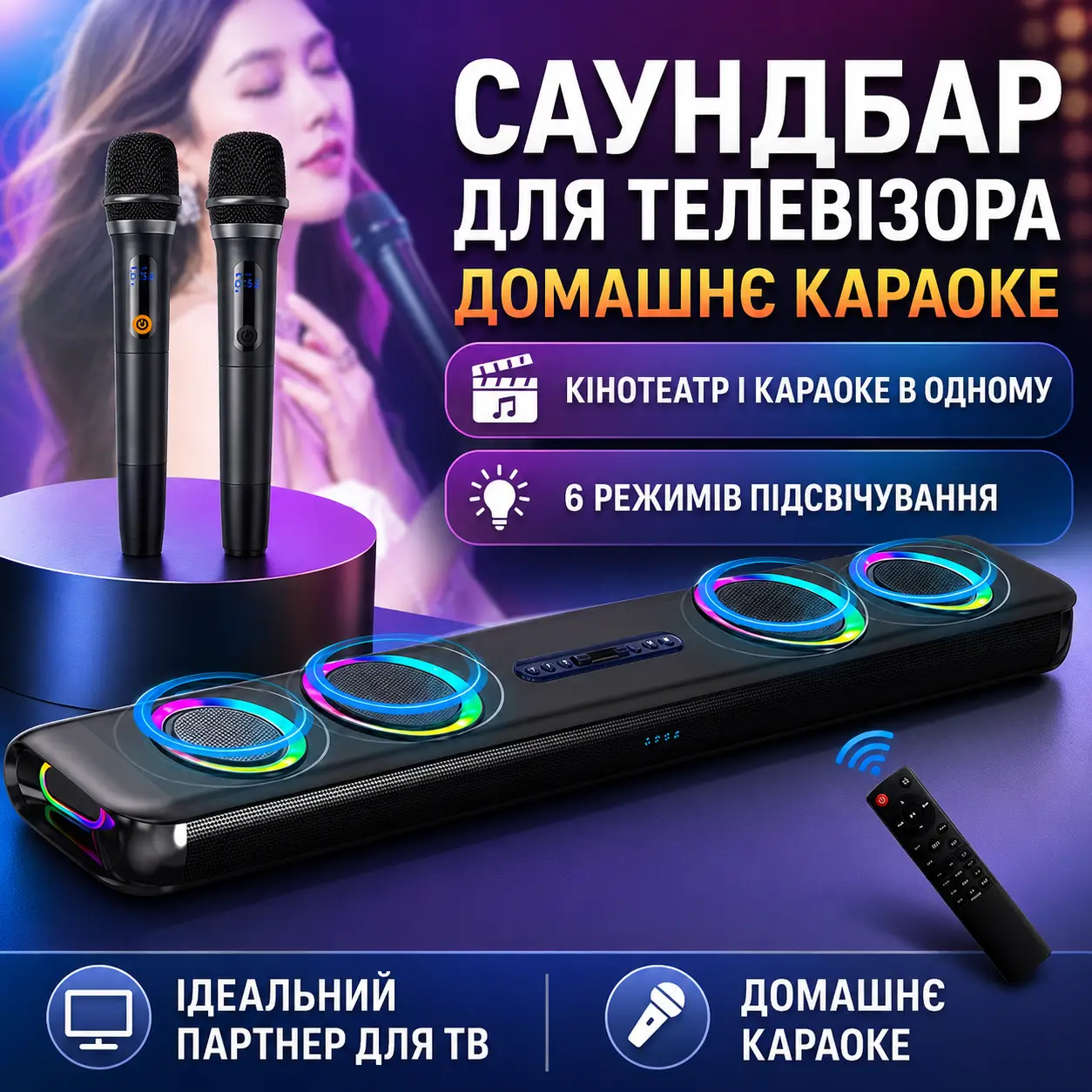 Саундбар Newsmy G68 160 Вт для телевізора з Bluetooth, HDMI, Dolby Digital, сабвуфером і підтримкою мікрофона