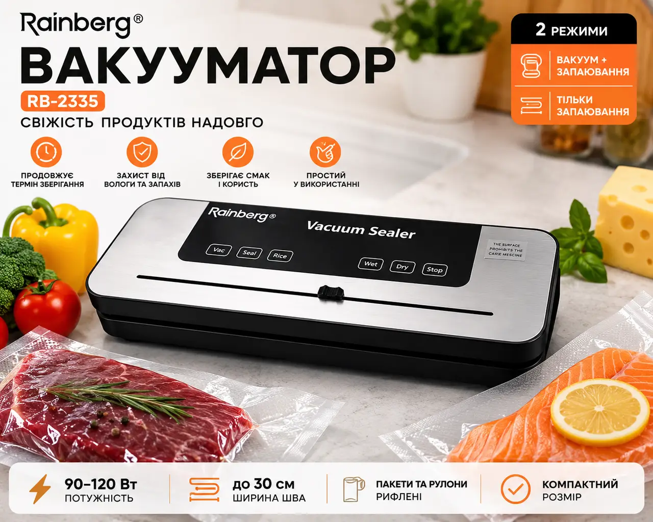 Вакуумний апарат RB-2335 з ножем 5 режимів роботи 10 пакетів 120 Вт