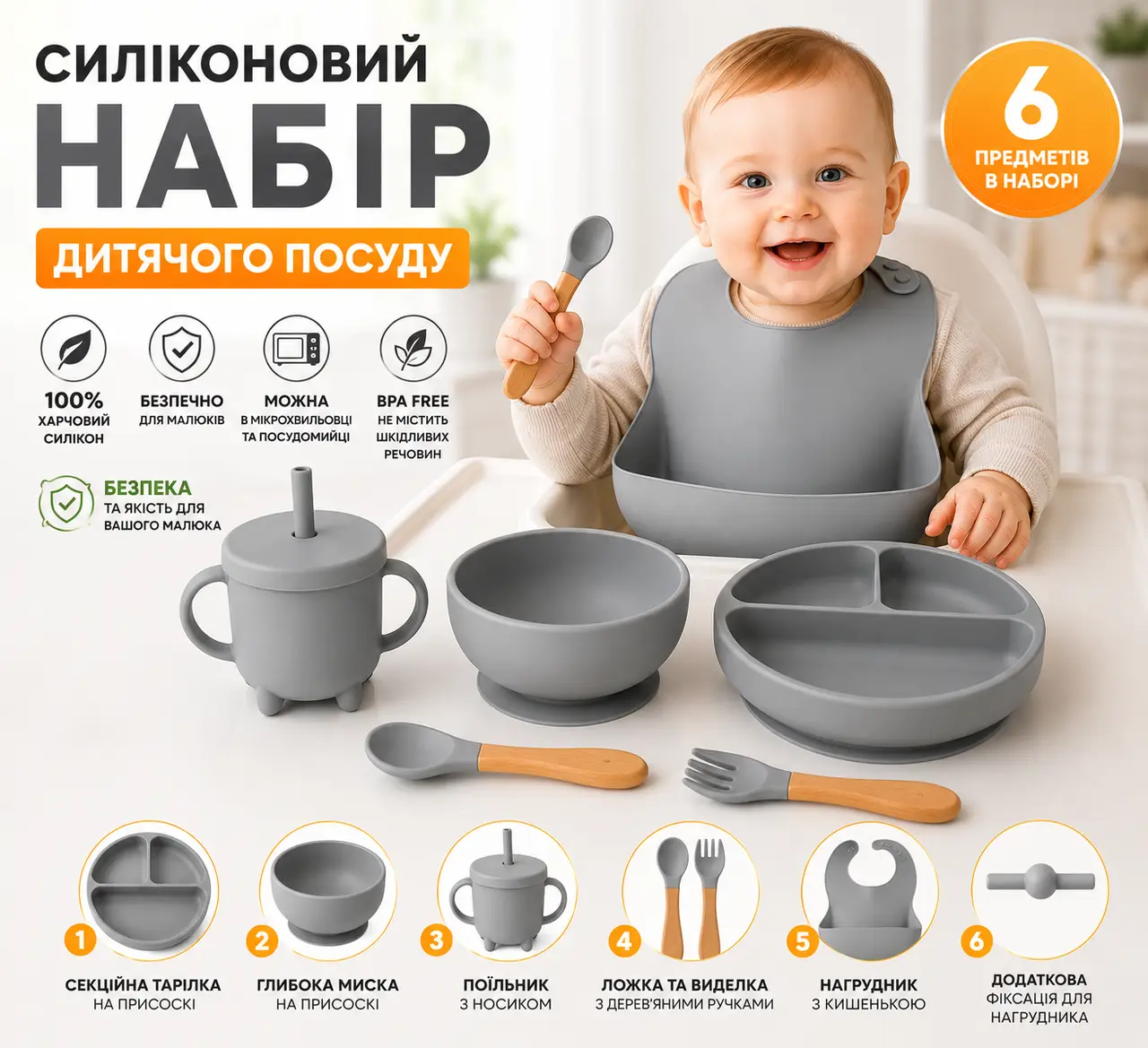 Набір дитячого посуду із 6 предметів сірий 26X-35