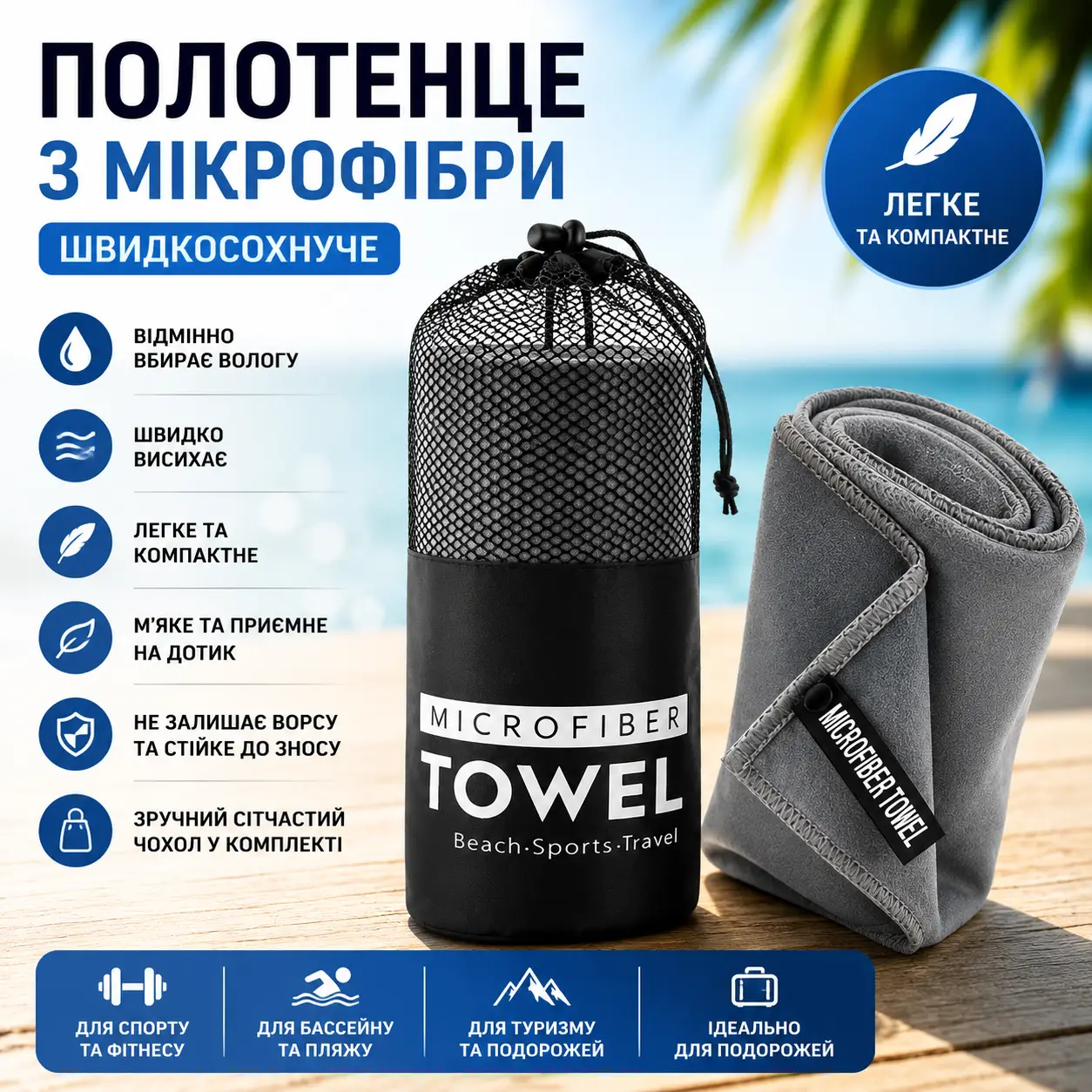 Швидковисихний рушник із мікрофібри/Полотенце для спорту, походів і подорожей 26X-24