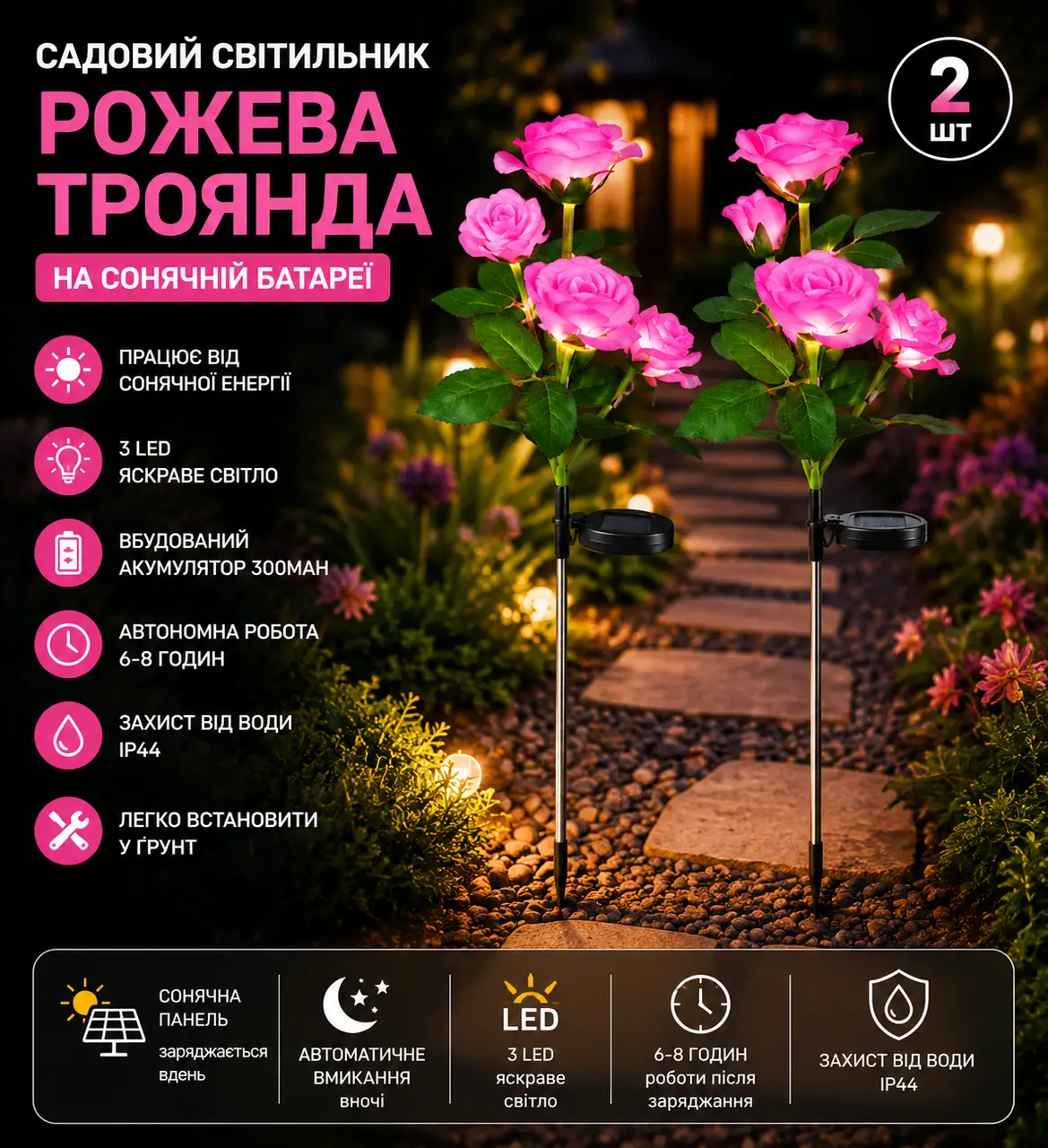 Садовий світильник 2шт «Рожева Троянда» на сонячній батареї з LED-підсвіткою