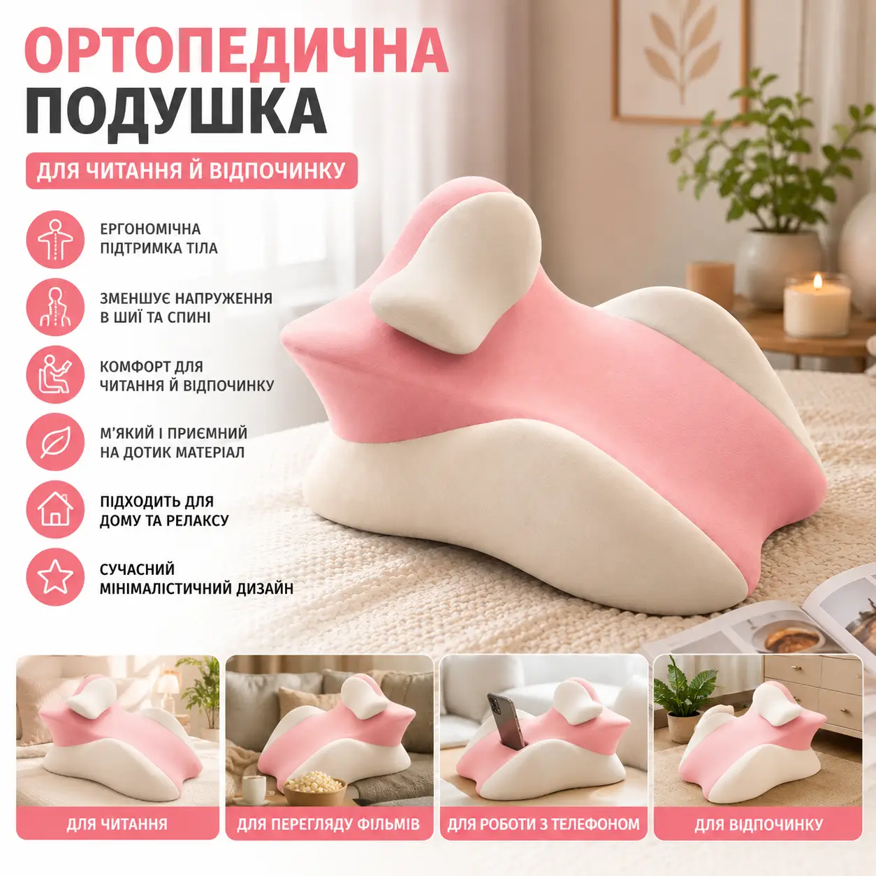 Рожева подушка ортопедична pillow-06/Клиноподібна подушка для сну з поліестеру/ Ортопедична подушка для підтримки ті