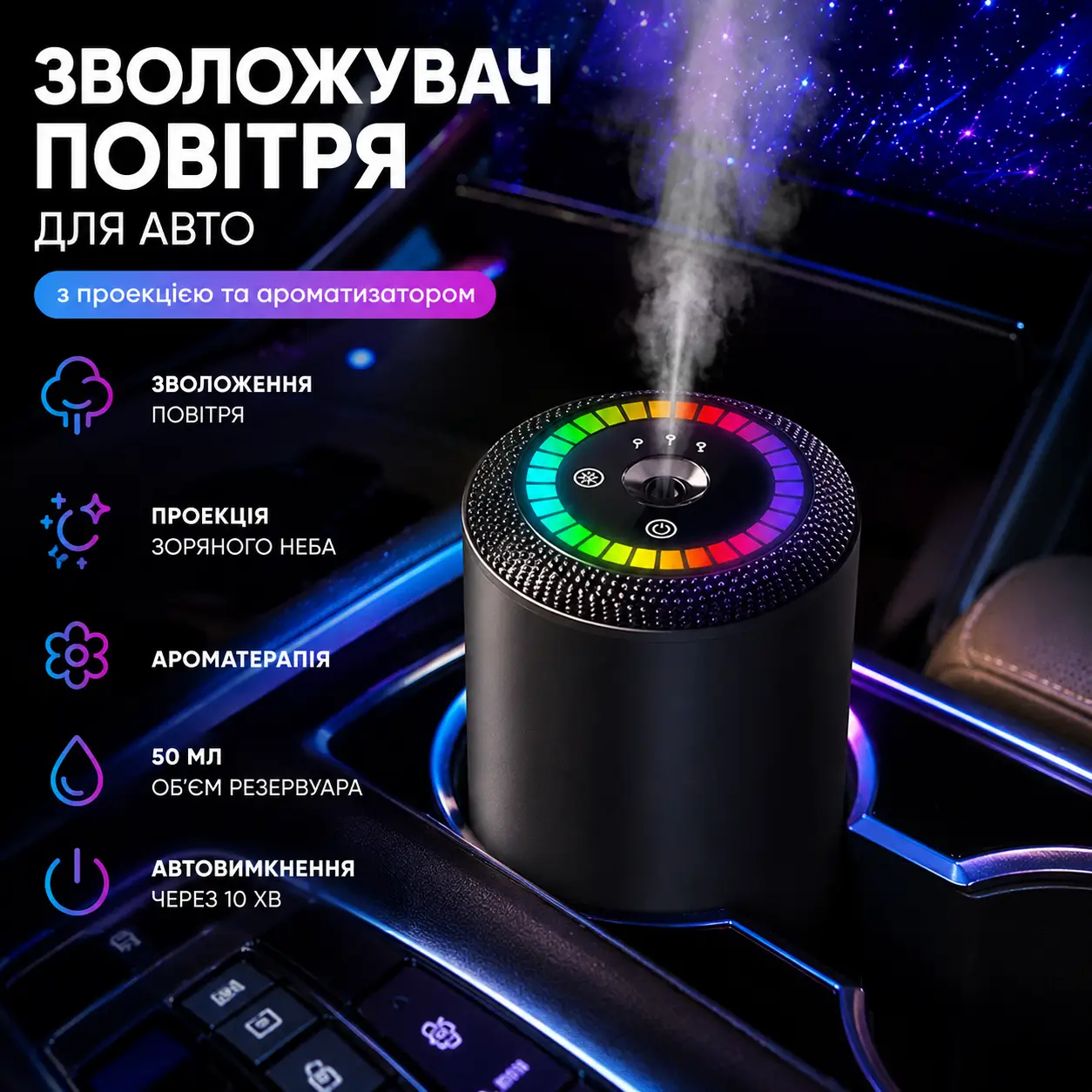 Розумний автомобільний очисник повітря Starry Sky Summit/Аромодифузор від USB 5 режимів