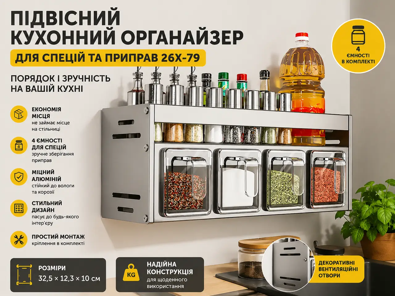 Підвісний кухонний органайзер для спецій 26X-79 настінний Полиця для спецій і приправ 26X-79 з 4 ємностями для кухні
