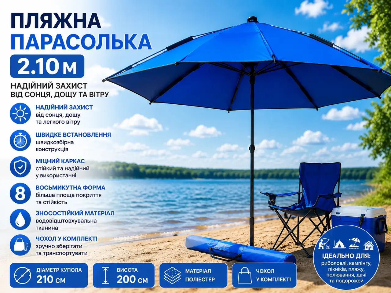 Пляжна Синя  парасолька діаметр 2.1 м із міцним каркасом Риболовна восьмикутна парасолька зі зносостійкого матеріалу з чохлом