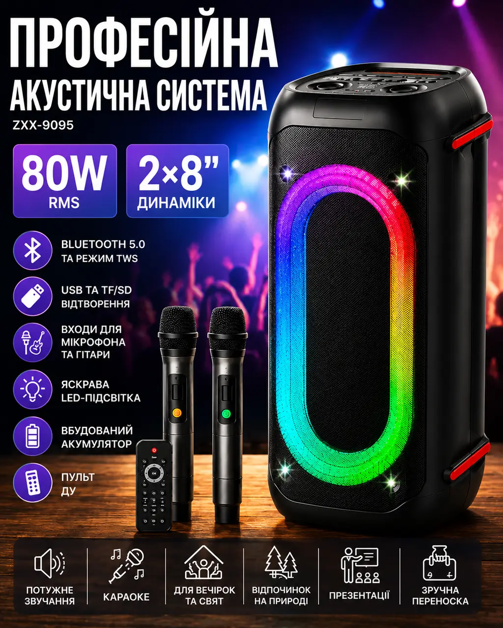 Професійна акустична система ZXX-9095 2×8| / Колонка з LED-підсвіткою і двома мікрофонами