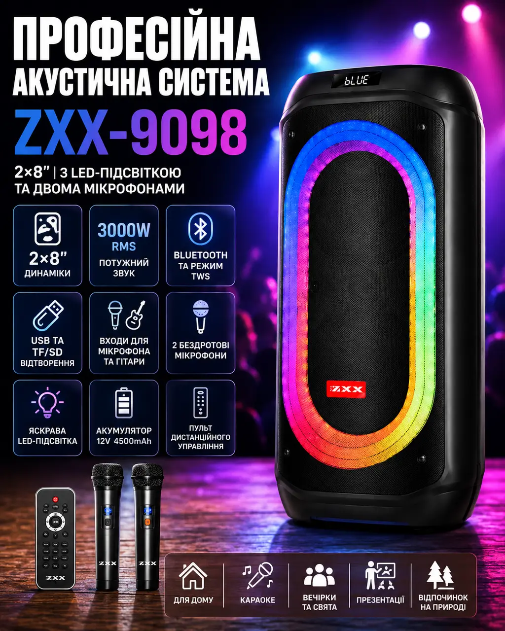 Акумуляторна акустична система ZXX-9098 2×8| / Колонка з LED-підсвіткою + 2 бездротові мікрофони