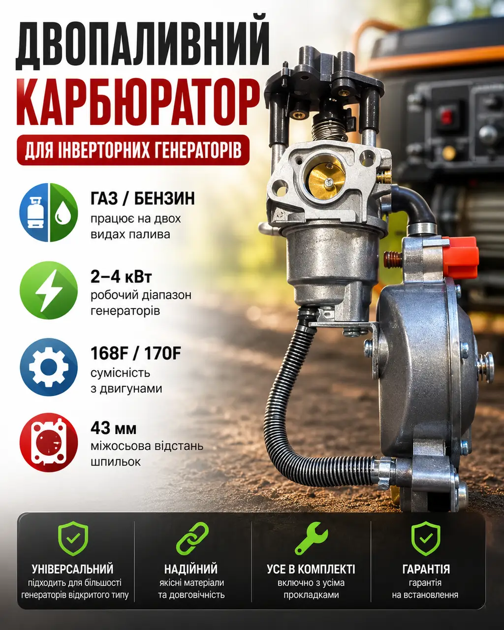 Карбюратор газовий редуктор для інверторного генератора відкритого типу 3-4 квт газ/бензин