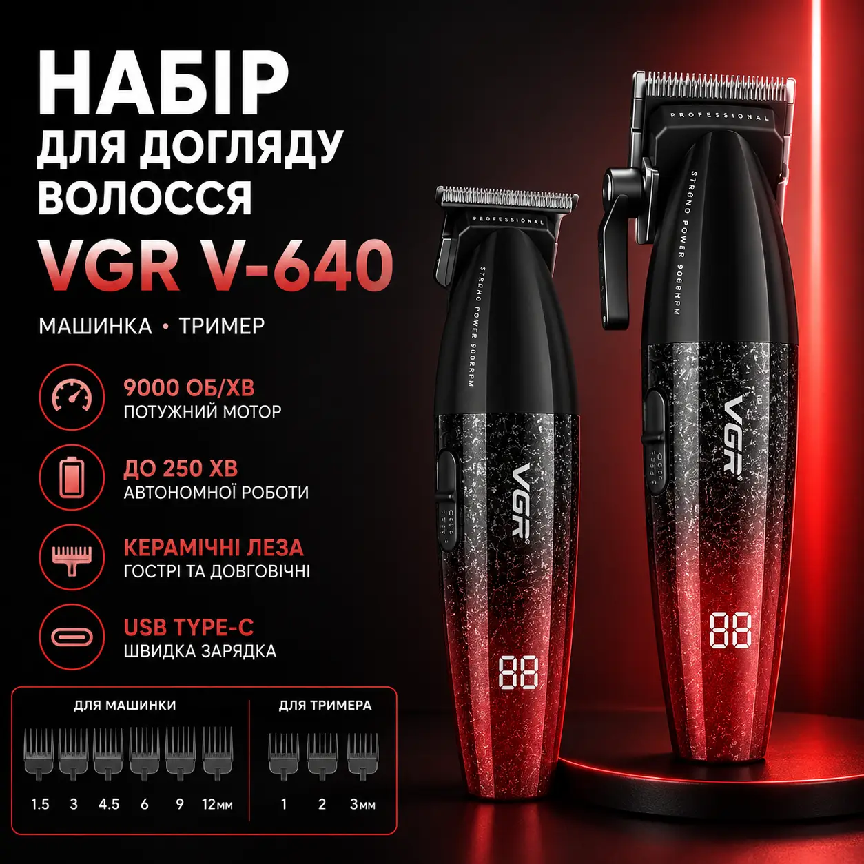 Професійний набір для стриження волосся 2 в 1 VGR V-640 S2 машинка для стриження та тример зі змінними насадками Red