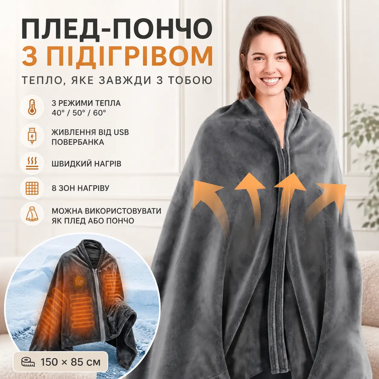 Плед із підігрівом 150×85 см (3 режими), 40-60 °C, LY-751 від USB, Сірий/Едеяло/Одеяло з підігрівом